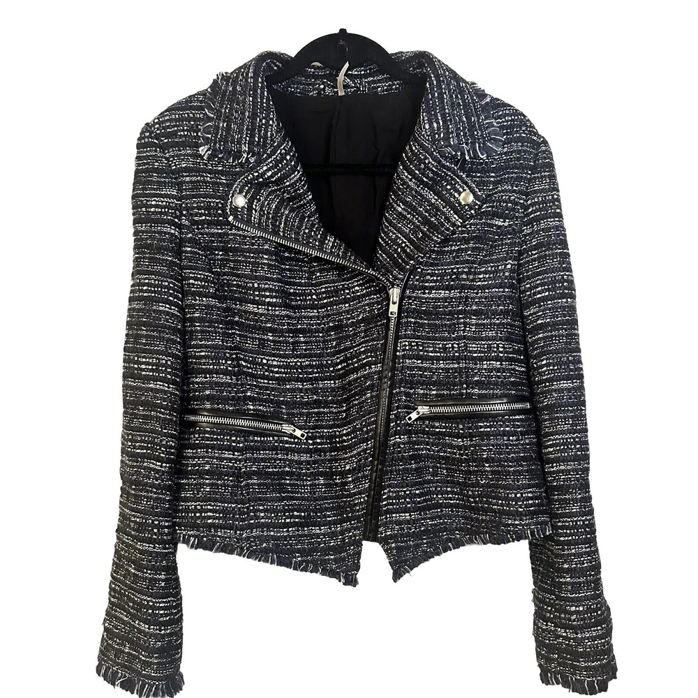 Free People Nicole Tweed Short Boho Moto‎ Zipper Fall Jacket Black Blue Medium